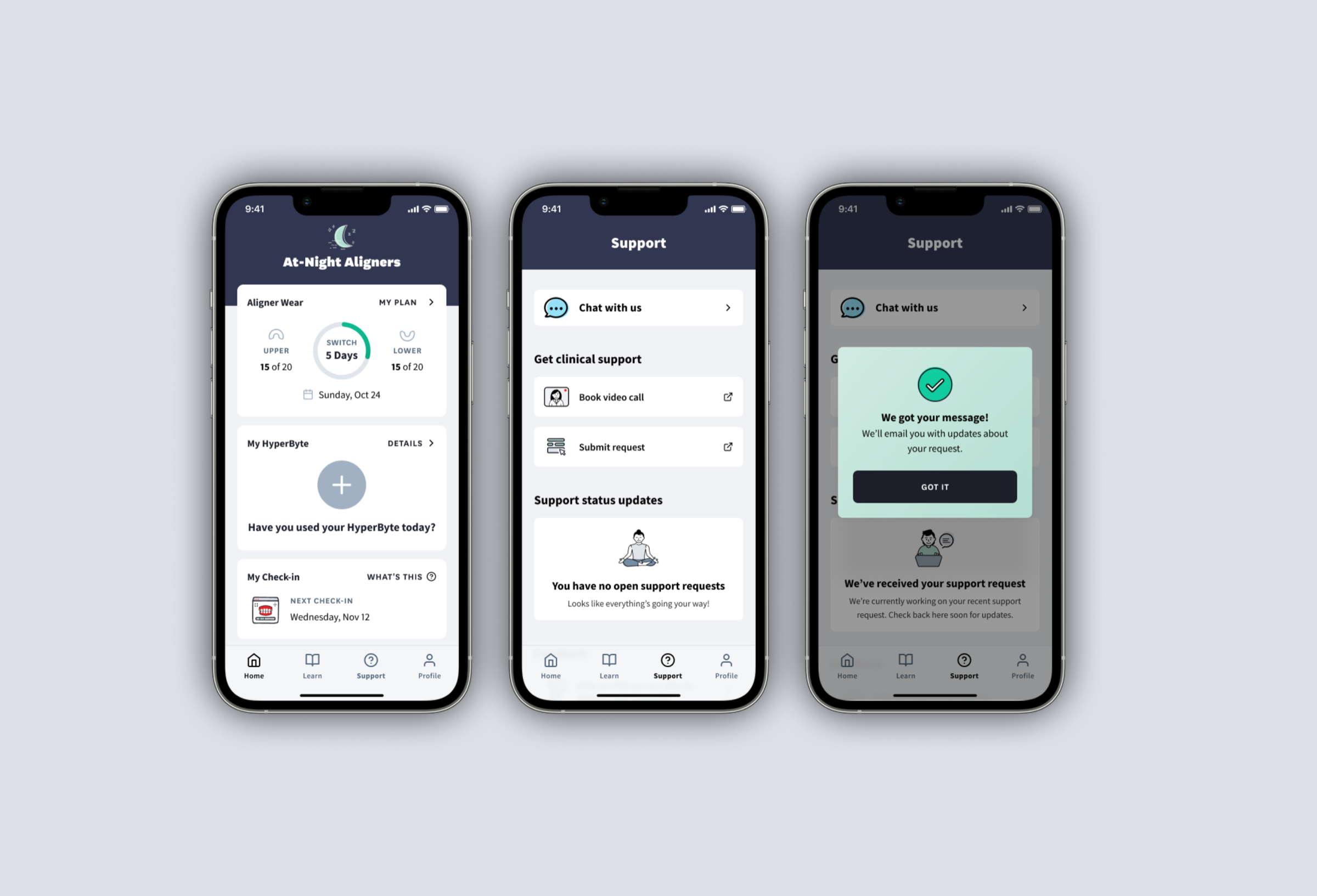 Home screen showing support status card with case in progress, support screen menu, and request confirmation modal