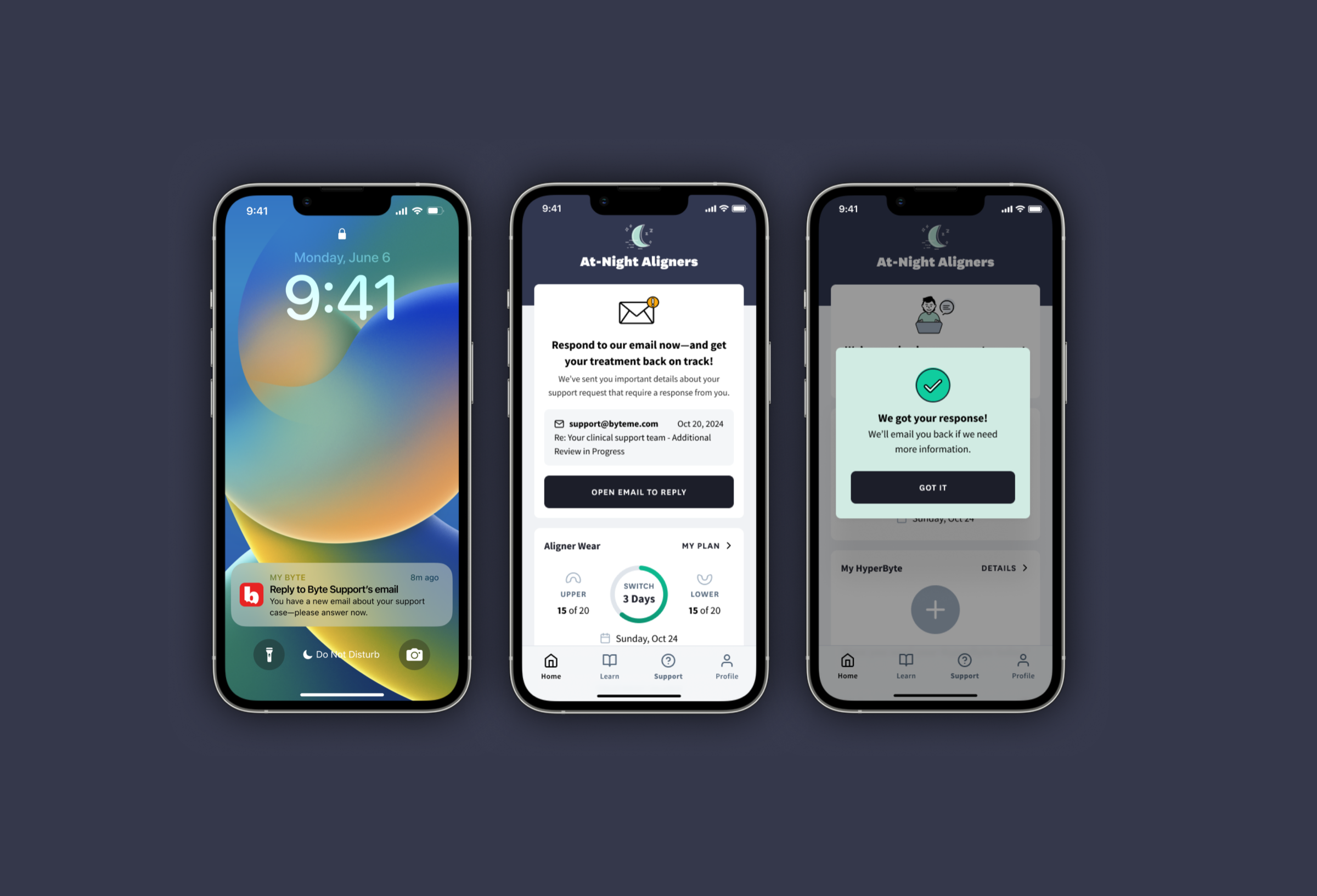 Support screen states: no open requests, case received confirmation, and in-progress status card