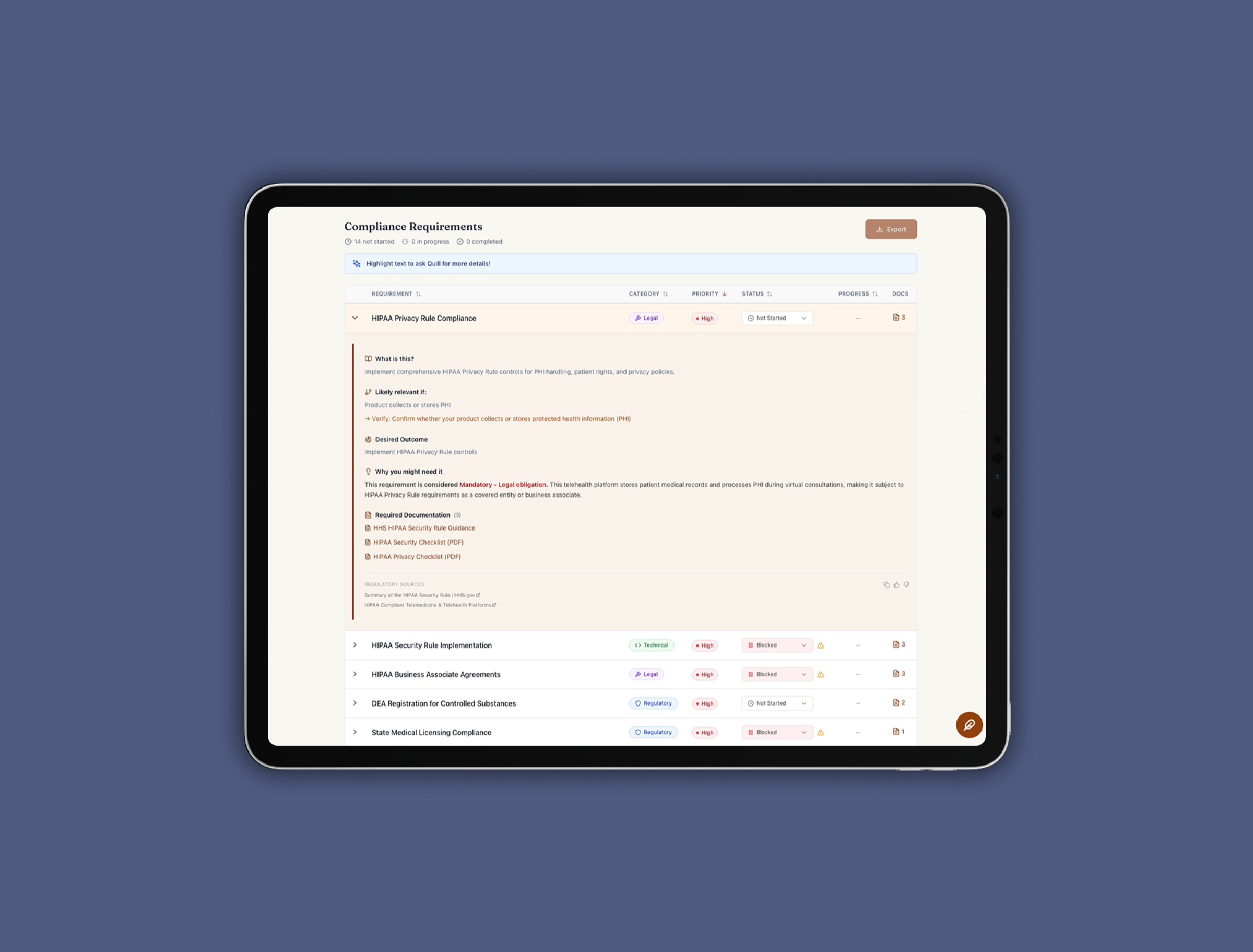 Prequel compliance checklist UI showing structured requirements output