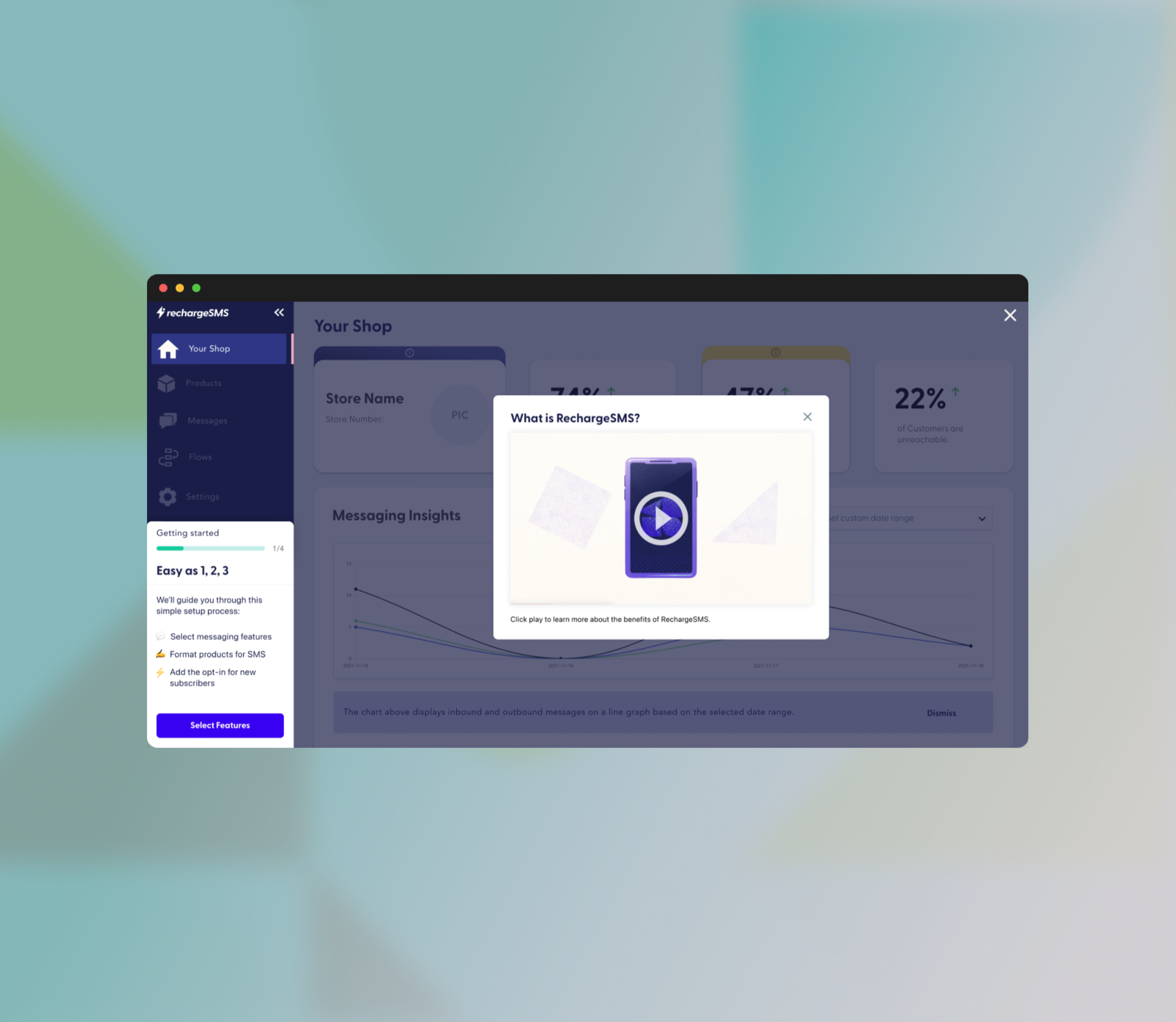 RechargeSMS onboarding welcome screen in 3D