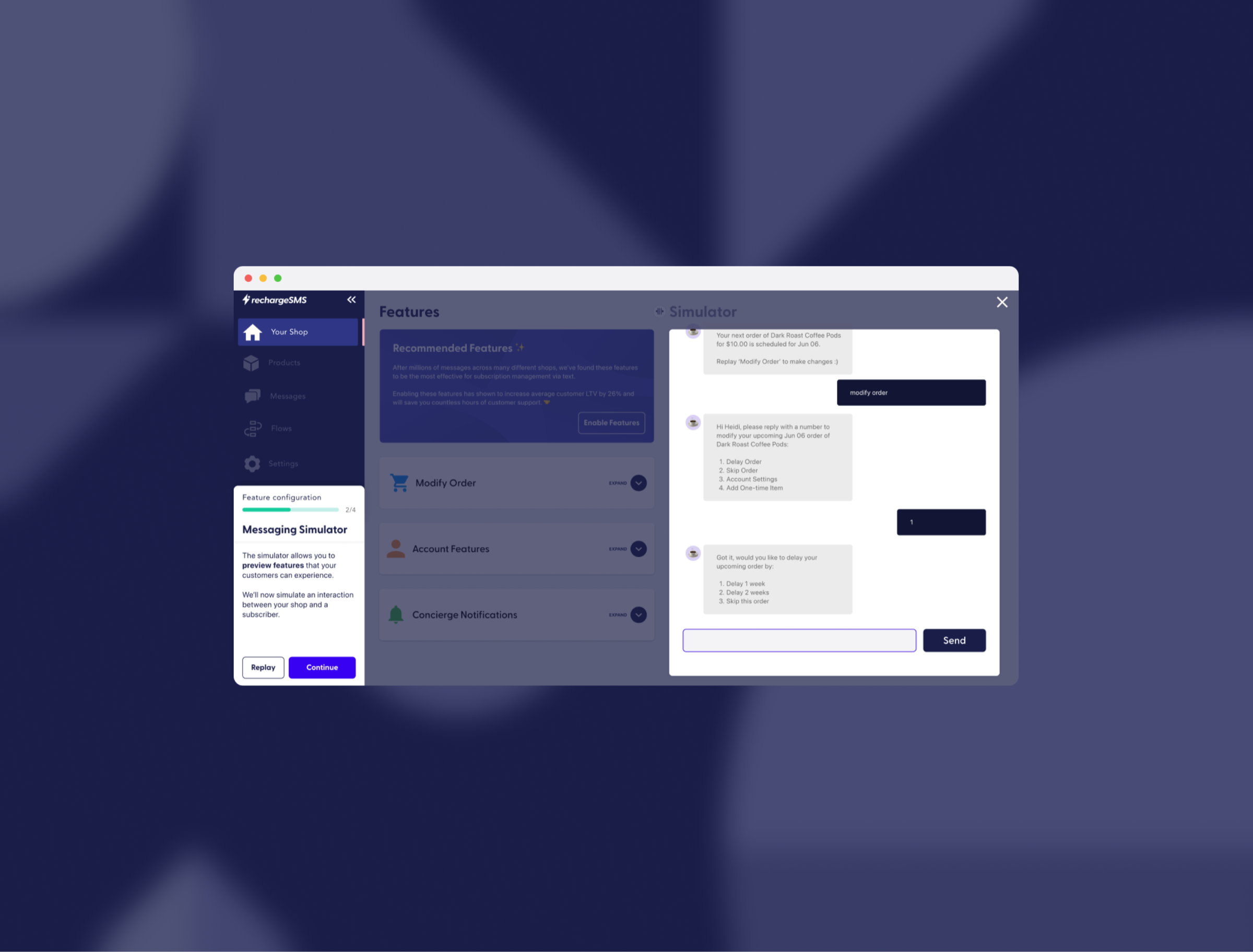 RechargeSMS onboarding flow showing streamlined setup experience